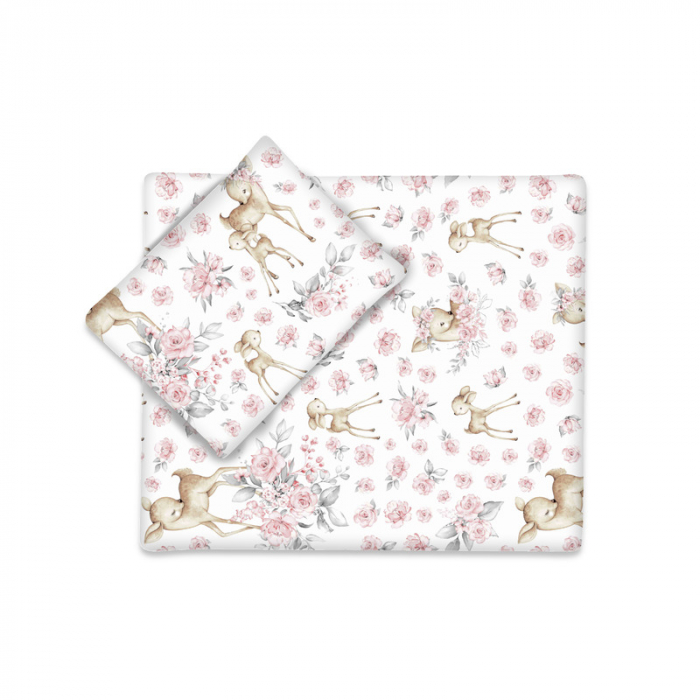 MimiNU - Set pentru carucior cu pernuta si paturica, Cu huse detasabile si lavabile, Din bumbac certificat Oeko Tex Standard 100, Sweet deer Pink [1]