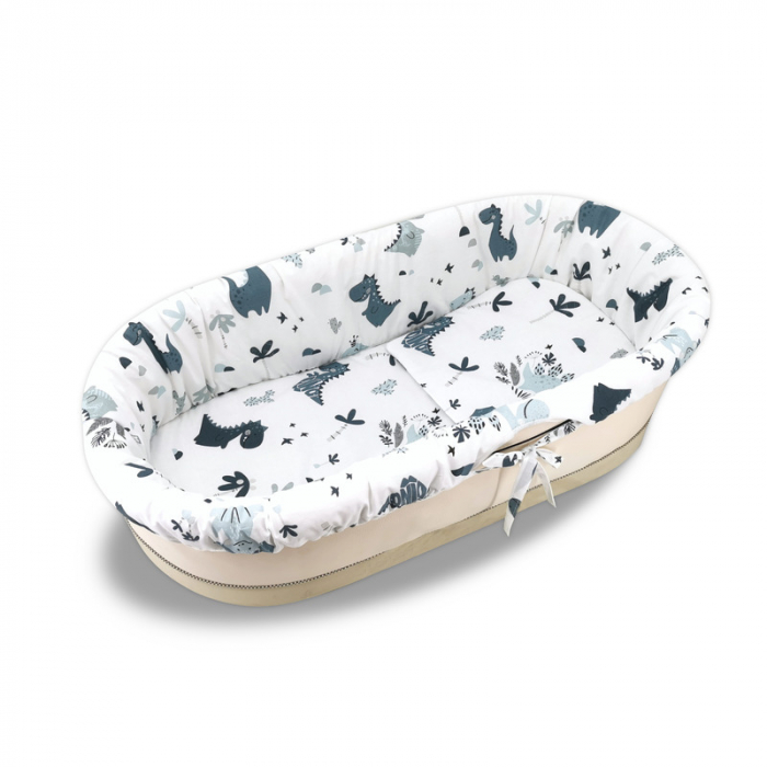 MimiNu - Set pentru landou/cosulet, Cu protectie, saltea si pernuta, Din bumbac certificat Oeko Tex Standard 100, Dino Granat [2]