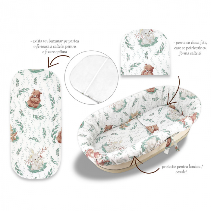 MimiNu - Set pentru landou/cosulet, Cu protectie, saltea si pernuta, Din bumbac certificat Oeko Tex Standard 100, Lulu Natural [1]