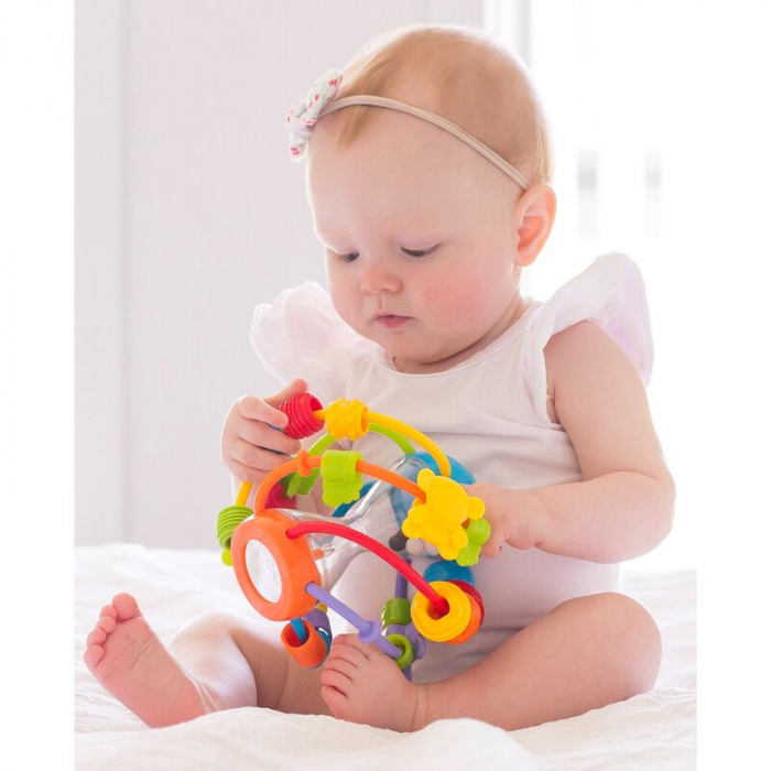 Minge cu activitati pentru bebelusi, Cu margele de dentitie, Cu oglinda, Play And Learn Ball, 14 Cm, Playgro [5]