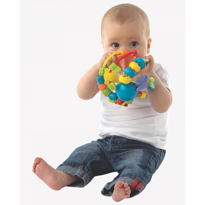 Minge cu activitati pentru bebelusi, Cu margele de dentitie, Cu oglinda, Play And Learn Ball, 14 Cm, Playgro [1]
