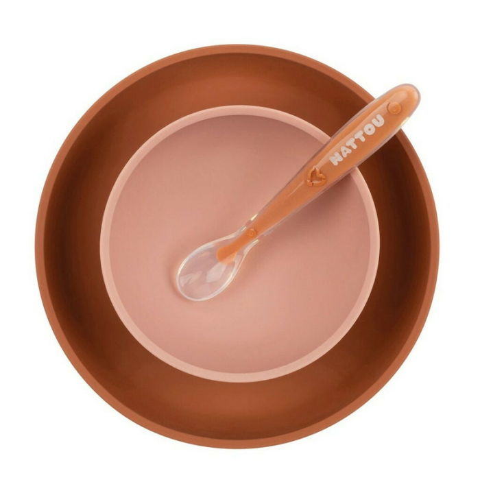 Nattou - Set de masa, Include baveta reglabila cu buzunar de colectare, bol, farfurie si lingurita, Silicon moale, Fara BPA, 4-36 luni+, Portocaliu [2]