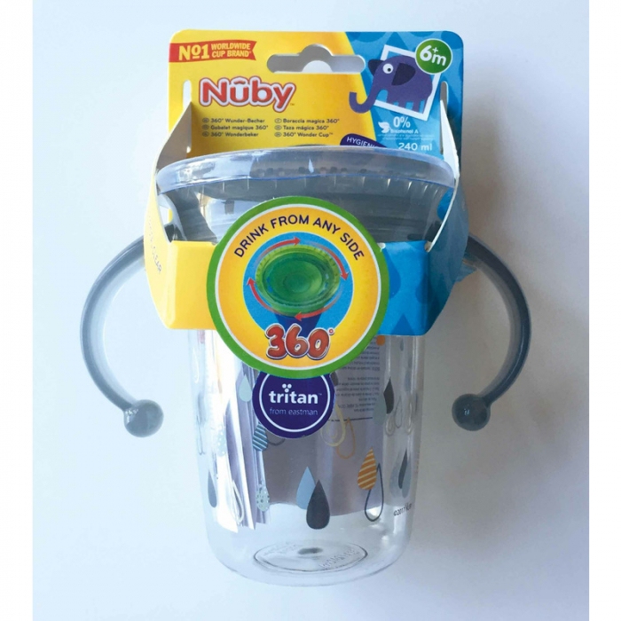 Nuby - Cana cu manere, 360°, Din materialul ecologic tritan, Rezistenta, 240 ml, 6 luni+, Gri [7]