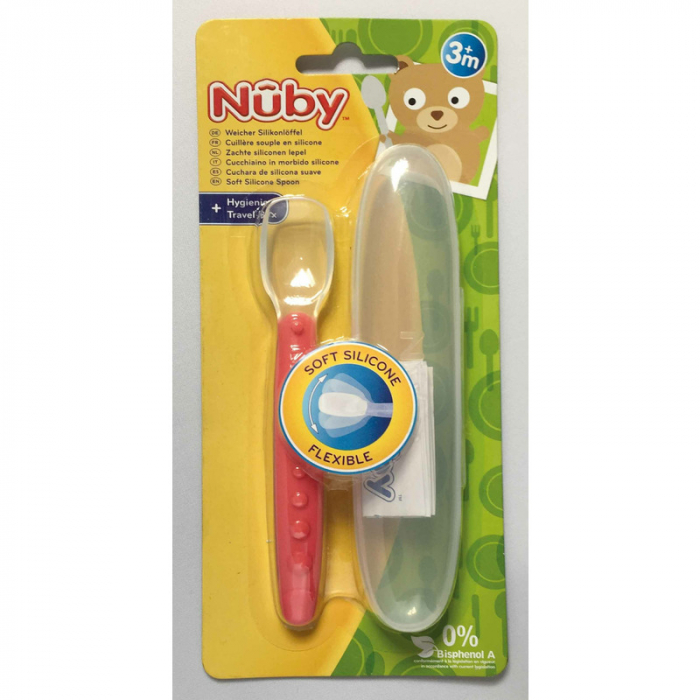 Nuby - Lingura din silicon pentru bebelusi, Cu maner arcuit, Cu carcasa de depozitare, 3+ luni, Albastru [4]