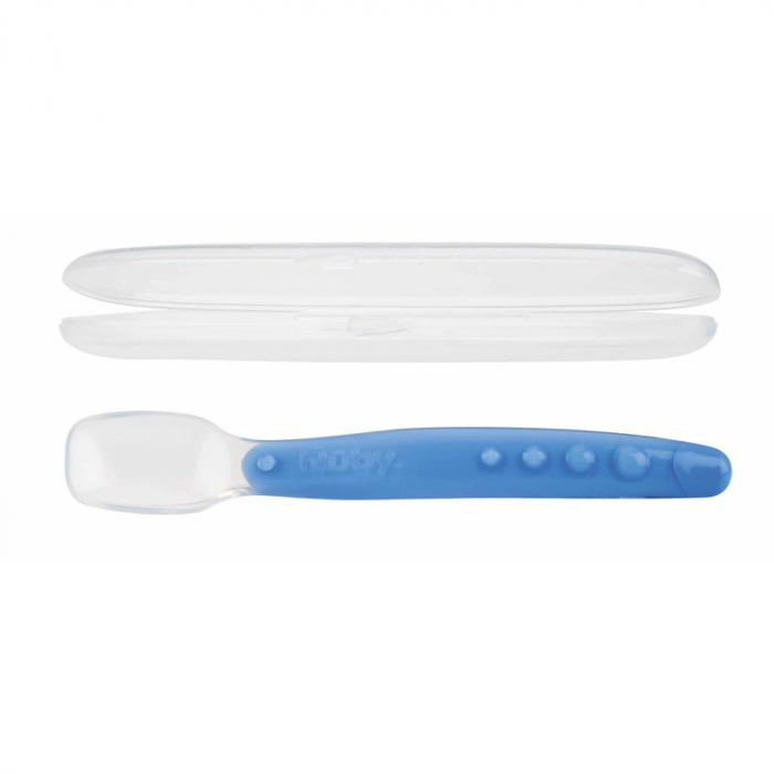 Nuby - Lingura din silicon pentru bebelusi, Cu maner arcuit, Cu carcasa de depozitare, 3+ luni, Albastru [1]