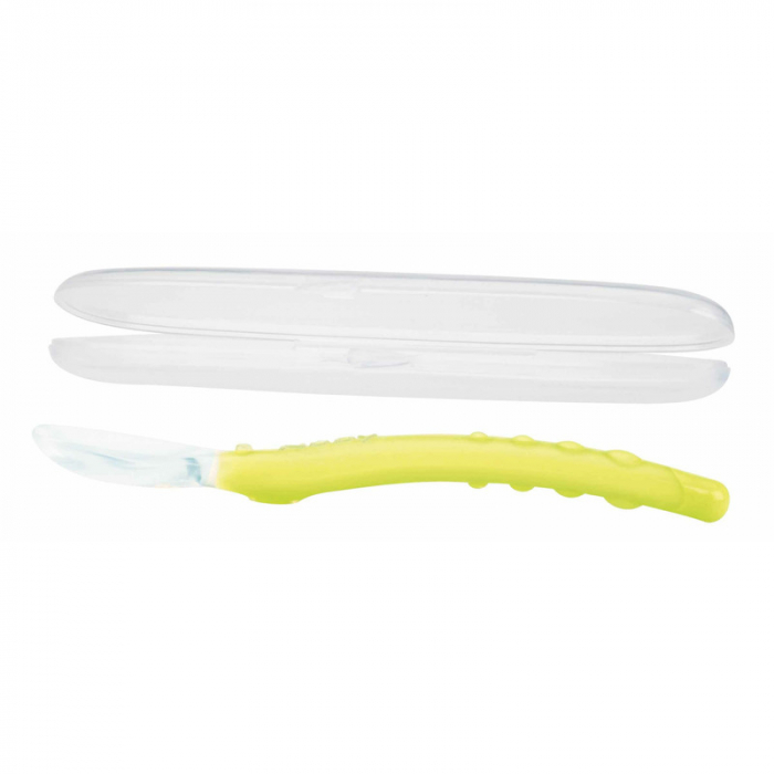 Nuby - Lingura din silicon pentru bebelusi, Cu maner arcuit, Cu carcasa de depozitare, 3+ luni, Galben/Verde [1]