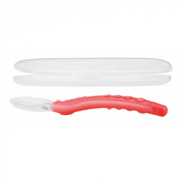 Nuby - Lingura din silicon pentru bebelusi, Cu maner arcuit, Cu carcasa de depozitare, 3+ luni, Rosu [1]