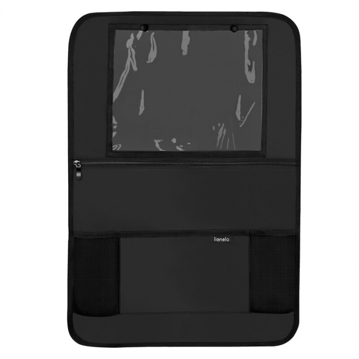 Organizator auto, Lionelo, Cu 5 buzunare de diferite dimensiuni, Cu buzunar pentru tableta, Montare cu clema, Piele ecologica, Impermeabila, Negru [1]