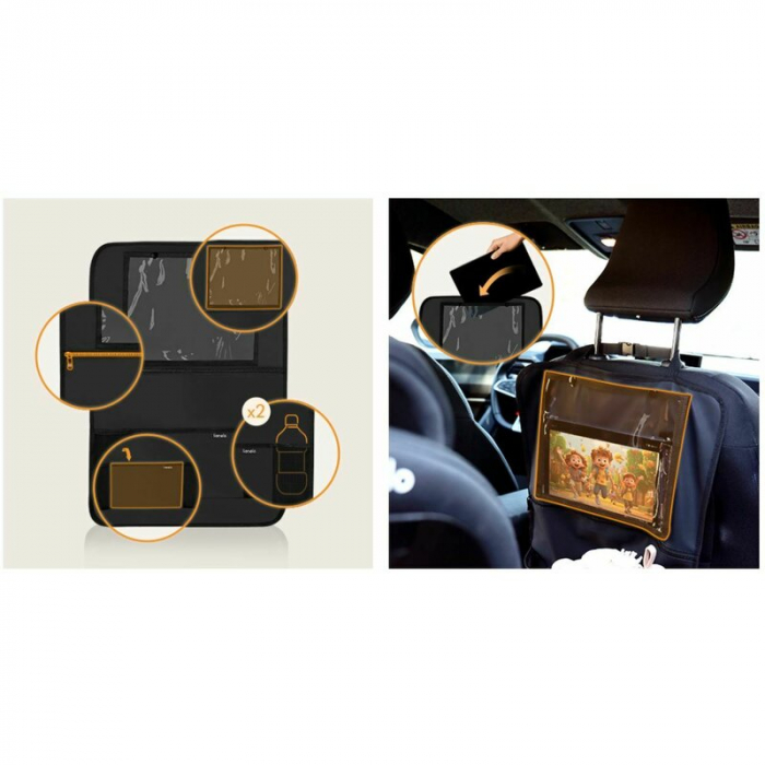 Organizator auto, Lionelo, Cu 5 buzunare de diferite dimensiuni, Cu buzunar pentru tableta, Montare cu clema, Piele ecologica, Impermeabila, Negru [7]