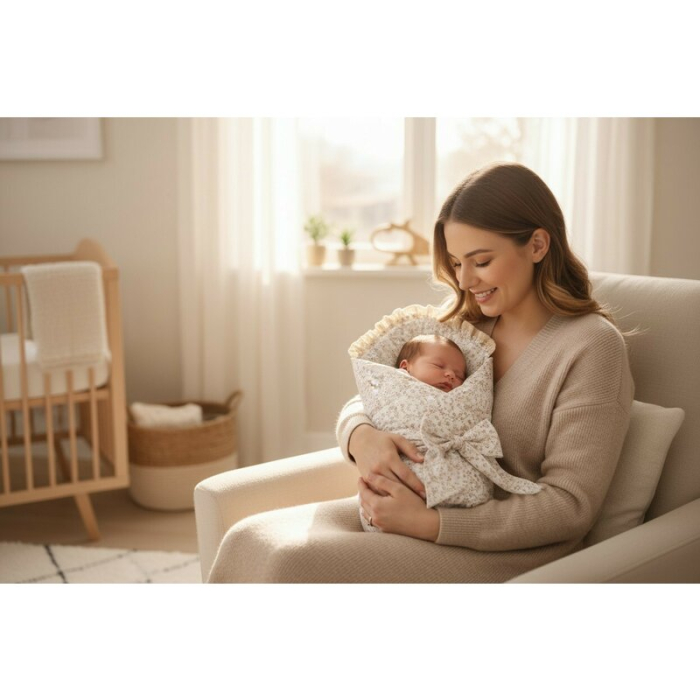 Paturica de infasat, MimiNu, Premium, Cu volanase si dantela, Cu multiple utilizari, Cu inchidere cu panglica, Dimensiune 75x75 cm, Din bumbac certificat Oeko Tex Standard 100, Meadow [2]