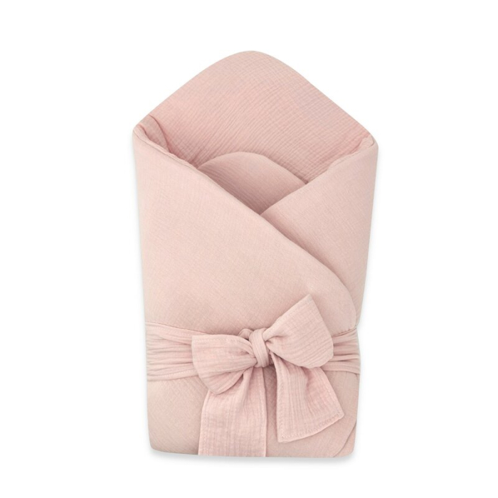 Paturica de infasat, Qmini, Din muselina dubla, Cu inchidere cu panglica, Dimensiune 75x75 cm, Din material certificat Oeko Tex Standard 100, Powder Pink [1]