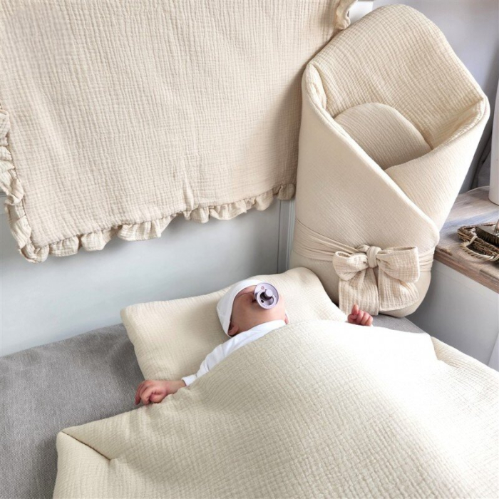 Paturica de infasat, Qmini, Din muselina dubla, Cu inchidere cu panglica, Dimensiune 75x75 cm, Din material certificat Oeko Tex Standard 100, Warm Beige [4]