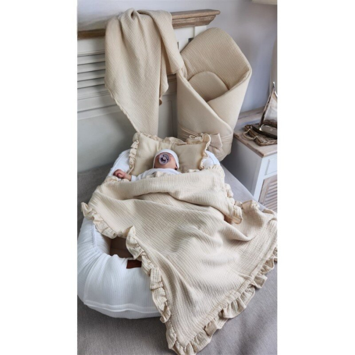 Paturica de infasat, Qmini, Din muselina dubla, Cu inchidere cu panglica, Dimensiune 75x75 cm, Din material certificat Oeko Tex Standard 100, Warm Beige [3]