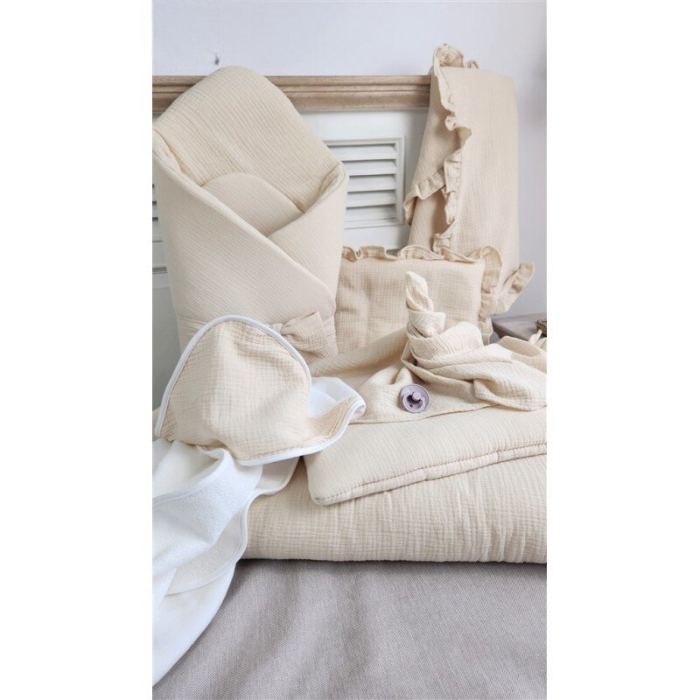 Paturica de infasat, Qmini, Din muselina dubla, Cu inchidere cu panglica, Dimensiune 75x75 cm, Din material certificat Oeko Tex Standard 100, Warm Beige [2]