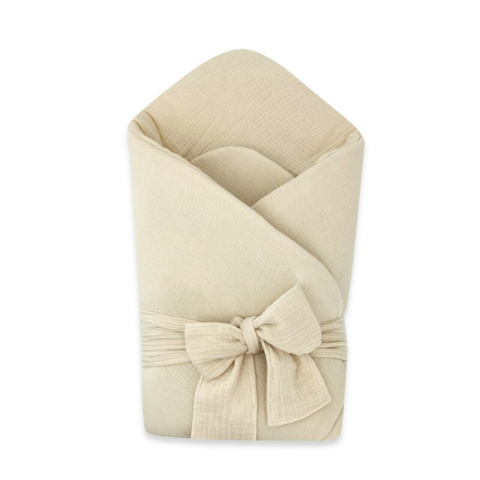 Paturica de infasat, Qmini, Din muselina dubla, Cu inchidere cu panglica, Dimensiune 75x75 cm, Din material certificat Oeko Tex Standard 100, Warm Beige [1]