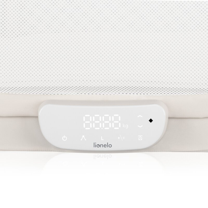 Patut balansoar, Lionelo, Coral, Cu landou ergonomic detasabil, Functie de balansare integrata, Functie de cantar, Sunete si cantece de leagan, Cu roti, Panou tactil sau telecomanda, 0-9 kg, EN 1130:2 [8]