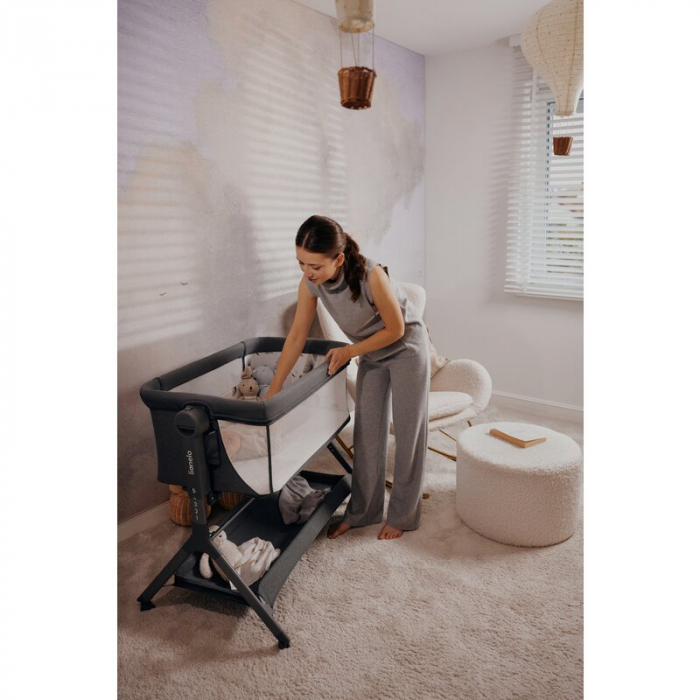 Patut co-sleeper, Lionelo, Leonie Plus, Pliabil, Cu sistem de leganare, Cu setare unghiulara, Reglabil in 6 pozitii pe inaltime, Conform cu standardele europeane de securitate EN1130 si EN16890, Bej [40]