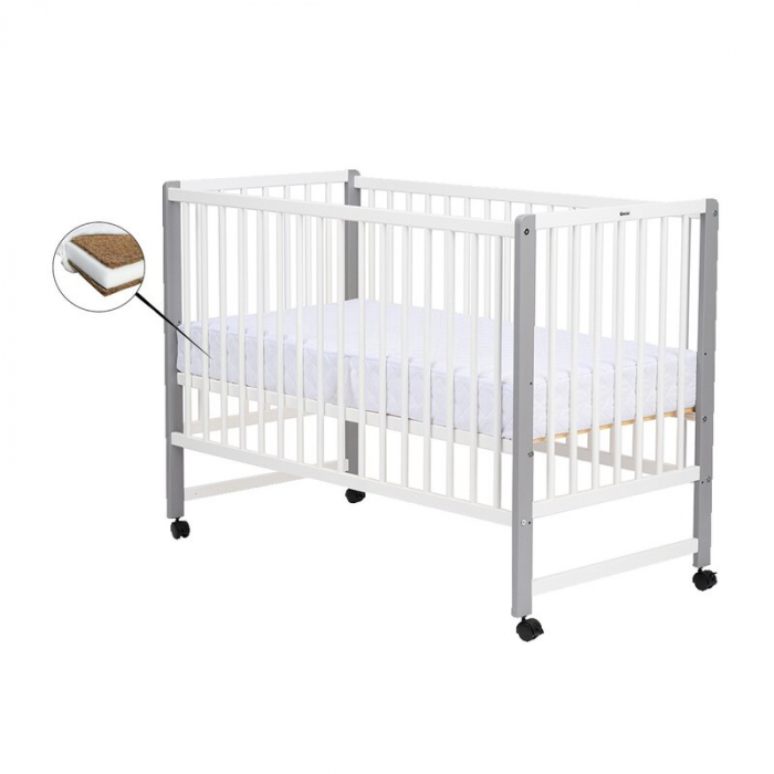 Patut din lemn,120x60 cm, Din lemn de pin si mdf, Stabil si rezistent, Inaltime saltea reglabila pe 3 nivele, Laterala cu 3 bete detasabile, EN716-1, EN716-2, Alb, Qmini, Maya + Saltea 10 cm [2]