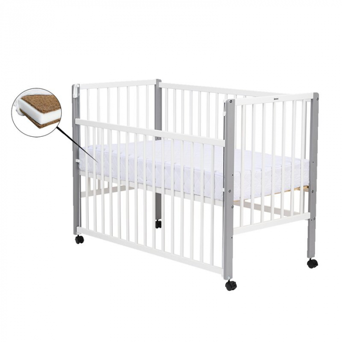 Patut din lemn bebe, 120x60 cm, Cu laterala culisanta, Din lemn de pin si mdf, Stabil si rezistent, Inaltime saltea reglabila pe 3 nivele, Laterala cu 3 bete detasabile, EN716-1, EN716-2, Alb, Qmini,  [2]