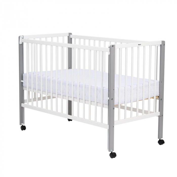 Patut din lemn bebe, 120x60 cm, Cu laterala culisanta, Din lemn de pin si mdf, Stabil si rezistent, Inaltime saltea reglabila pe 3 nivele, Laterala cu 3 bete detasabile, EN716-1, EN716-2, Alb, Qmini,  [8]