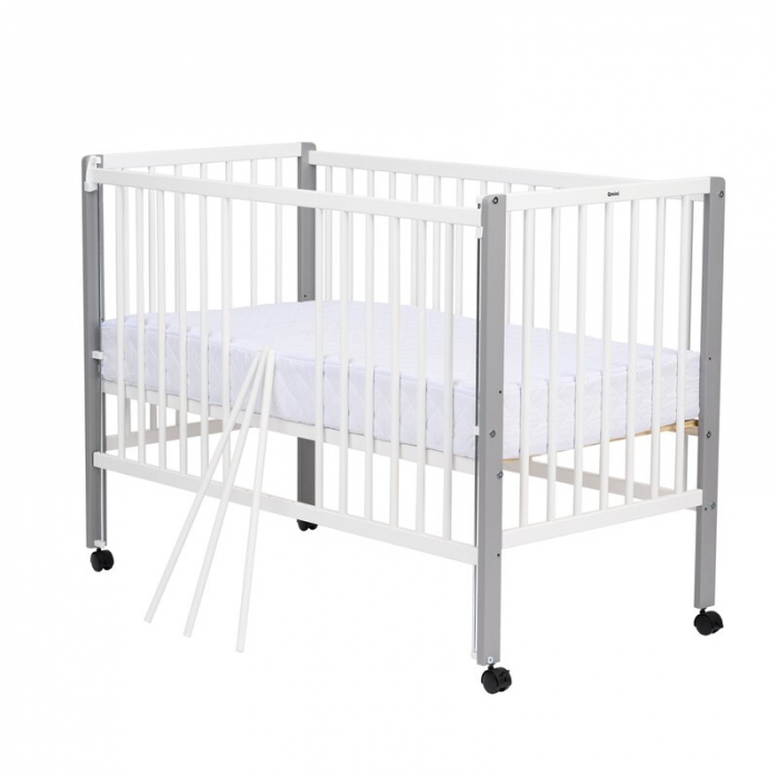 Patut din lemn bebe, 120x60 cm, Cu laterala culisanta, Din lemn de pin si mdf, Stabil si rezistent, Inaltime saltea reglabila pe 3 nivele, Laterala cu 3 bete detasabile, EN716-1, EN716-2, Alb, Qmini,  [3]