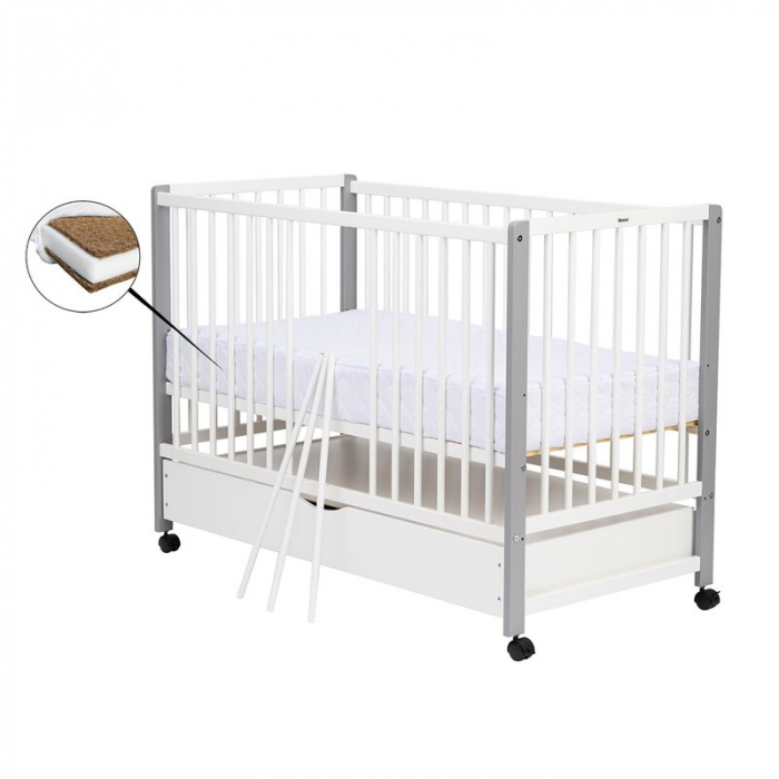 Patut din lemn bebe, 120x60 cm, Cu sertar cu capac, Din lemn de pin si mdf, Stabil si rezistent, Inaltime saltea reglabila pe 3 nivele, Laterala cu 3 bete detasabile, EN716-1, EN716-2, Alb, Qmini, May [2]