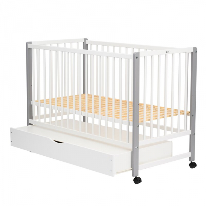 Patut din lemn bebe, 120x60 cm, Cu sertar cu capac, Din lemn de pin si mdf, Stabil si rezistent, Inaltime saltea reglabila pe 3 nivele, Laterala cu 3 bete detasabile, EN716-1, EN716-2, Alb, Qmini, May [10]