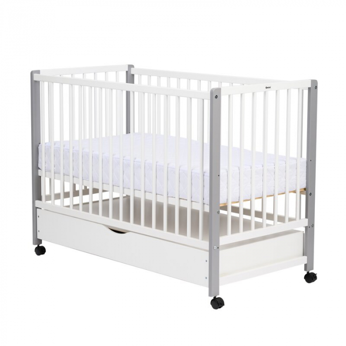 Patut din lemn bebe, 120x60 cm, Cu sertar cu capac, Din lemn de pin si mdf, Stabil si rezistent, Inaltime saltea reglabila pe 3 nivele, Laterala cu 3 bete detasabile, EN716-1, EN716-2, Alb, Qmini, May [7]