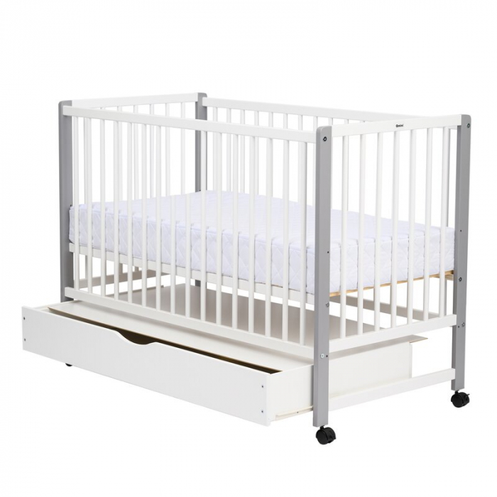 Patut din lemn bebe, 120x60 cm, Cu sertar cu capac, Din lemn de pin si mdf, Stabil si rezistent, Inaltime saltea reglabila pe 3 nivele, Laterala cu 3 bete detasabile, EN716-1, EN716-2, Alb, Qmini, May [9]