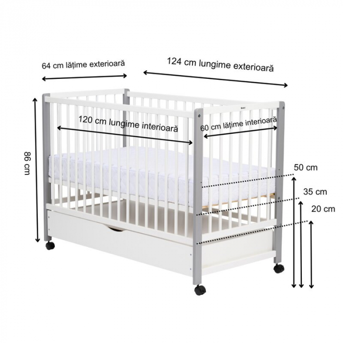 Patut din lemn bebe, 120x60 cm, Cu sertar cu capac, Din lemn de pin si mdf, Stabil si rezistent, Inaltime saltea reglabila pe 3 nivele, Laterala cu 3 bete detasabile, EN716-1, EN716-2, Alb, Qmini, May [5]