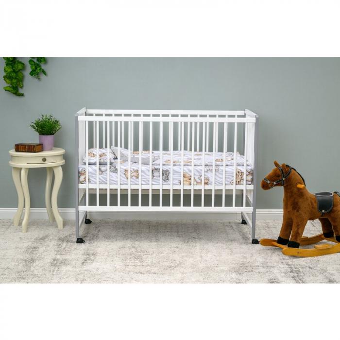 Patut din lemn bebe, 120x60 cm, Din lemn de pin si mdf, Stabil si rezistent, Inaltime saltea reglabila pe 3 nivele, Laterala cu 3 bete detasabile, EN716-1, EN716-2, Alb, Qmini, Maya + Saltea 8 cm [4]