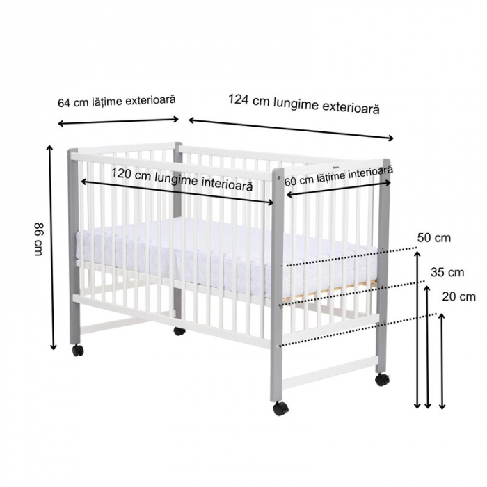 Patut din lemn bebe, 120x60 cm, Din lemn de pin si mdf, Stabil si rezistent, Inaltime saltea reglabila pe 3 nivele, Laterala cu 3 bete detasabile, EN716-1, EN716-2, Alb, Qmini, Maya + Saltea 12 cm [5]