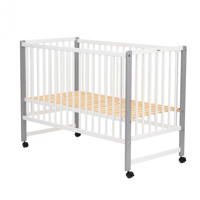Patut din lemn bebe, 120x60 cm, Din lemn de pin si mdf, Stabil si rezistent, Inaltime saltea reglabila pe 3 nivele, Laterala cu 3 bete detasabile, EN716-1, EN716-2, Alb, Qmini, Maya + Saltea 8 cm [7]