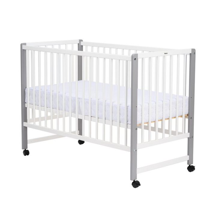 Patut din lemn bebe, 120x60 cm, Din lemn de pin si mdf, Stabil si rezistent, Inaltime saltea reglabila pe 3 nivele, Laterala cu 3 bete detasabile, EN716-1, EN716-2, Alb, Qmini, Maya + Saltea 12 cm [6]