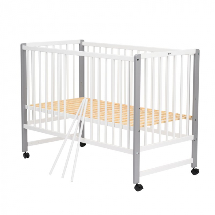 Patut din lemn bebe, 120x60 cm, Din lemn de pin si mdf, Stabil si rezistent, Inaltime saltea reglabila pe 3 nivele, Laterala cu 3 bete detasabile, EN716-1, EN716-2, Alb, Qmini, Maya + Saltea 12 cm [7]