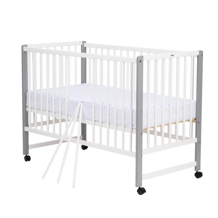 Patut din lemn bebe, 120x60 cm, Din lemn de pin si mdf, Stabil si rezistent, Inaltime saltea reglabila pe 3 nivele, Laterala cu 3 bete detasabile, EN716-1, EN716-2, Alb, Qmini, Maya + Saltea 8 cm [6]
