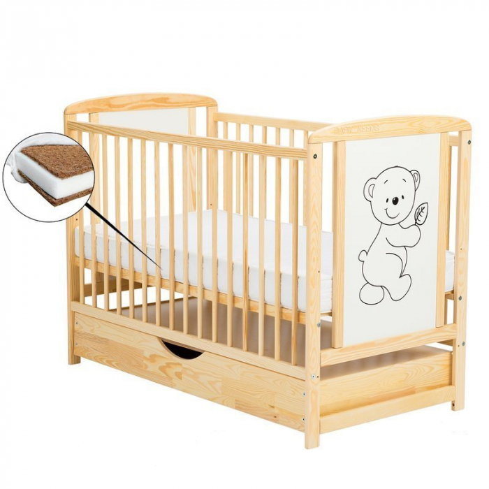 Patut din lemn de pin si mdf 120x60cm Timmi , Cu sertar cu capac si saltea de 12 cm , Lemn Natur [1]