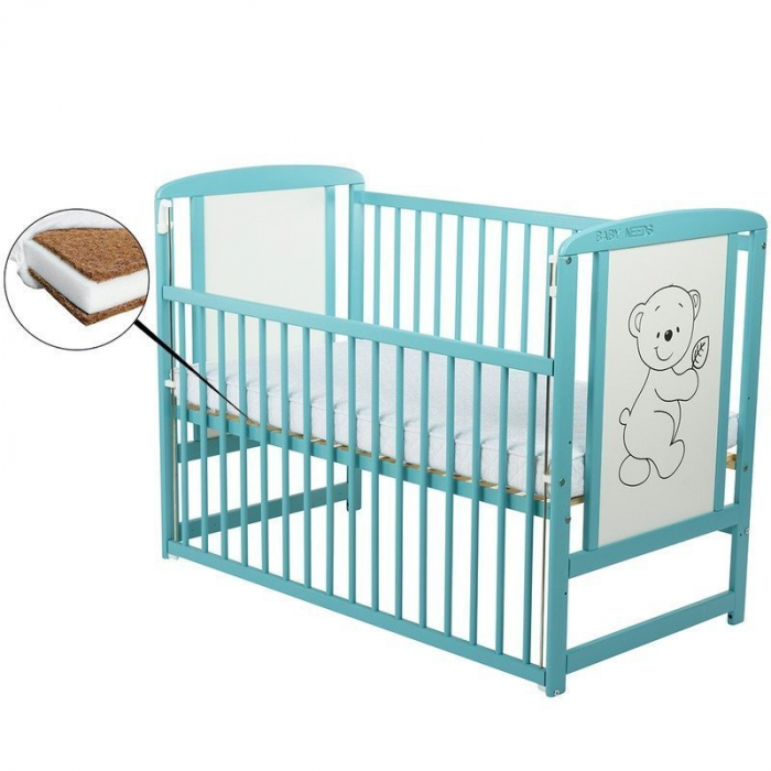 Patut din lemn de pin Timmi 120x60 cm, Cu laterala culisanta si saltea de 12 cm , Mint [1]