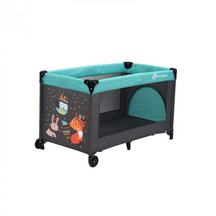 Patut pliant cu un nivel 120x60cm , Cu intrare laterala cu fermoar, 2 roti, Vulpita Turquoise [7]