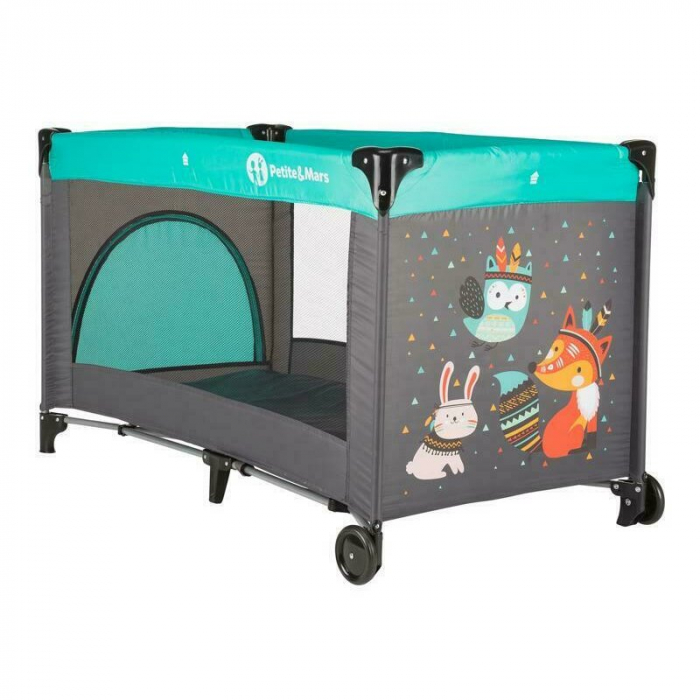 Patut pliant cu un nivel 120x60cm , Cu intrare laterala cu fermoar, 2 roti, Vulpita Turquoise [2]