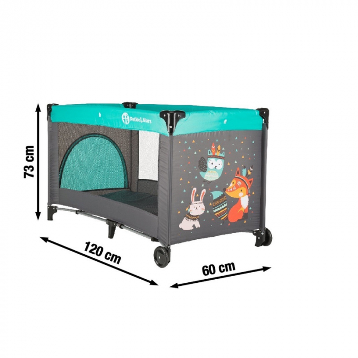 Patut pliant cu un nivel 120x60cm , Cu intrare laterala cu fermoar, 2 roti, Vulpita Turquoise [5]