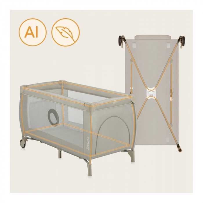 Patut pliant, Lionelo, Stefi Plus, Cu doua nivele, Cu intrare laterala cu fermoar, 2 roti, 120 x 60 cm, Conform cu standardul european de securitate EN 716, Bej [19]