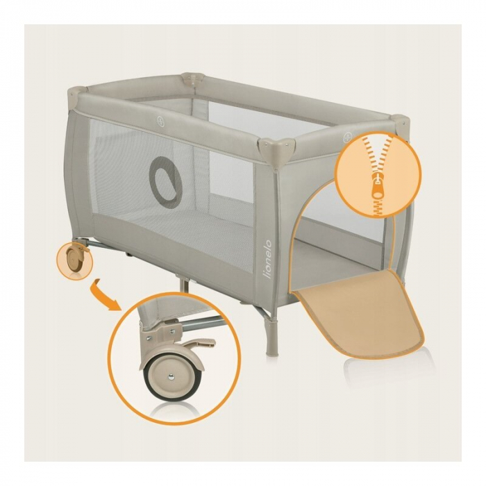 Patut pliant, Lionelo, Stefi Plus, Cu doua nivele, Cu intrare laterala cu fermoar, 2 roti, 120 x 60 cm, Conform cu standardul european de securitate EN 716, Bej [17]