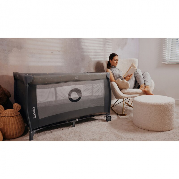 Patut pliant, Lionelo, Stefi Plus, Cu doua nivele, Cu intrare laterala cu fermoar, 2 roti, 120 x 60 cm, Conform cu standardul european de securitate EN 716, Bej [28]