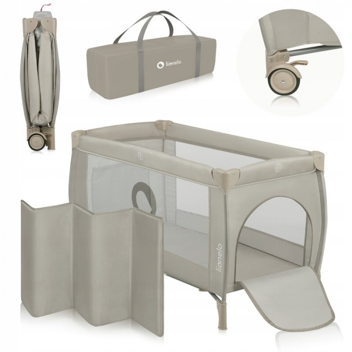 Patut pliant, Lionelo, Stefi Plus, Cu doua nivele, Cu intrare laterala cu fermoar, 2 roti, 120 x 60 cm, Conform cu standardul european de securitate EN 716, Bej [3]
