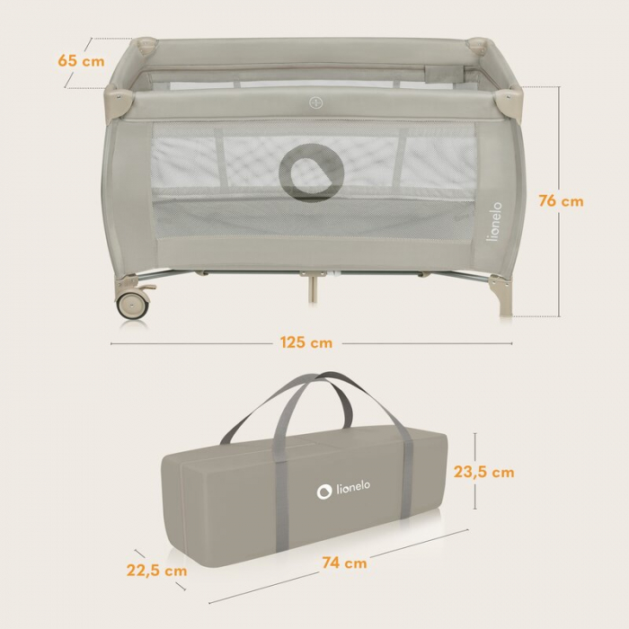 Patut pliant, Lionelo, Stefi Plus, Cu doua nivele, Cu intrare laterala cu fermoar, 2 roti, 120 x 60 cm, Conform cu standardul european de securitate EN 716, Bej [21]