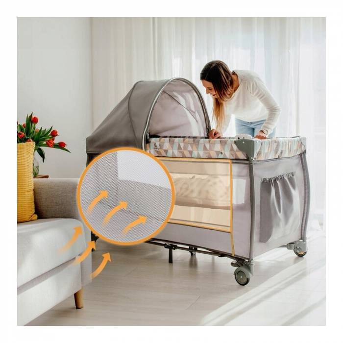 Patut pliant, Lionelo, Sven Plus, 120x60 cm, Cu doua nivele, Cu arcada jucarii, masuta de infasat, vibratii, melodii, conform cu standardele europeane de securitate EN716 si EN12221, Bej Latte [22]