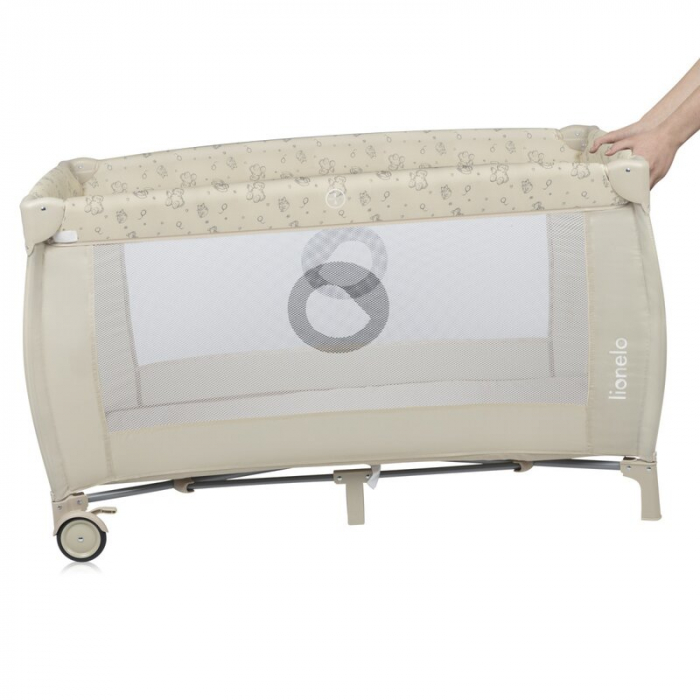 Patut pliant, Lionelo, Sven Plus, 120x60 cm, Cu doua nivele, Cu arcada jucarii, masuta de infasat, vibratii, melodii, conform cu standardele europeane de securitate EN716 si EN12221, Bej Latte [10]