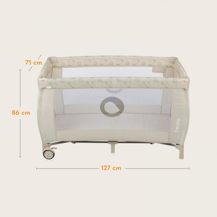 Patut pliant, Lionelo, Sven Plus, 120x60 cm, Cu doua nivele, Cu arcada jucarii, masuta de infasat, vibratii, melodii, conform cu standardele europeane de securitate EN716 si EN12221, Bej Latte [34]