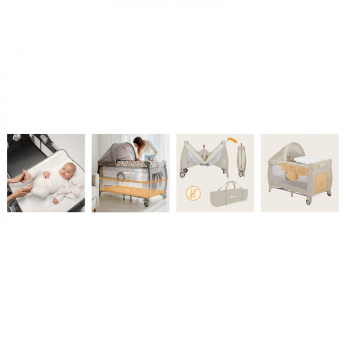 Patut pliant, Lionelo, Sven Plus, 120x60 cm, Cu doua nivele, Cu arcada jucarii, masuta de infasat, vibratii, melodii, conform cu standardele europeane de securitate EN716 si EN12221, Bej Latte [36]